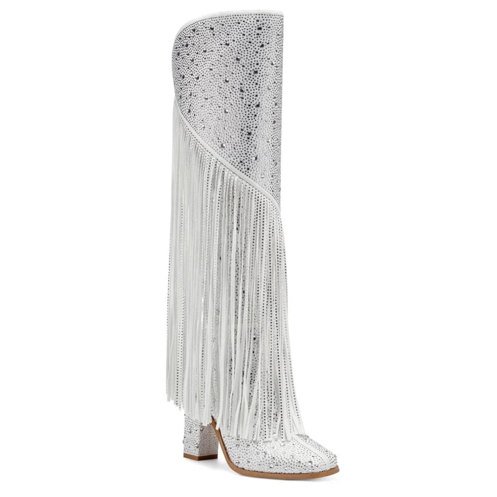 Jessica Simpson WHITE Aspire2 Rhinestone Embellished Fringe Knee High Boots
